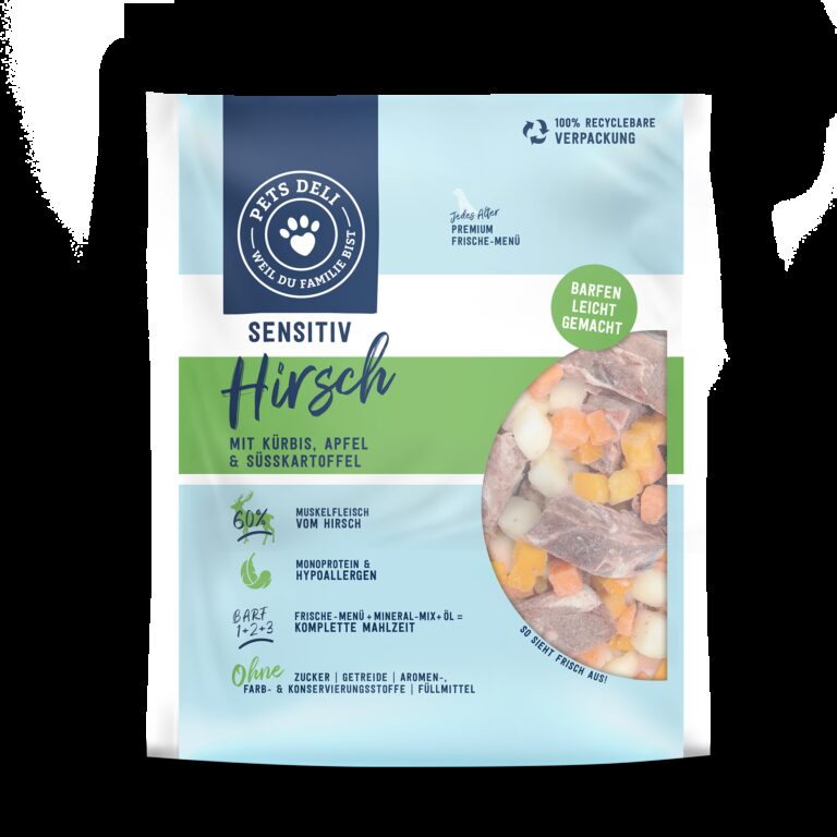 Hundefutter Sensitive BARF - Hirsch - Kürbis, Apfel und Süßkartoffel - Hypoallergen - Adult - getreidefrei, zuckerfrei - 5x200g von Pets Deli