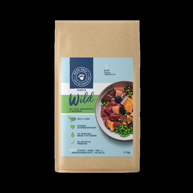 Hundefutter Sensitive trocken - Wild, Lachs - Süßkartoffel und Brombeere - Hypoallergen - Adult - getreidefrei, zuckerfrei - 2kg von Pets Deli