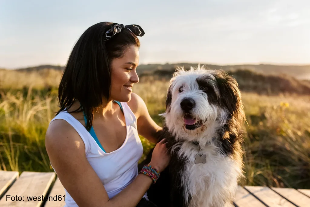 Frau sitzt mit ihrem Hund bei den Dünen an der Nordsee im Urlaub mit Hund - GCGCWUA - Copyright westend61