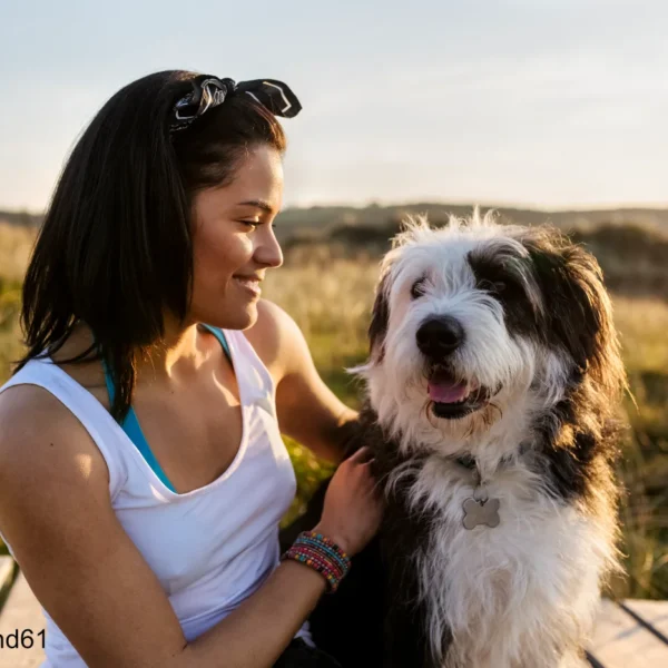 Frau sitzt mit ihrem Hund bei den Dünen an der Nordsee im Urlaub mit Hund - GCGCWUA - Copyright westend61