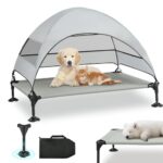 Hundeliege mit Dach,Erhöhtes Hundebett mit Stabile Anti Rutsch Füße,Breiterer Schatten Hundeliege Outdoor,Hundebett Outdoor Wasserfest Hundebett mit Dach Grosse Hunde Camping Indoor & Outdoor
