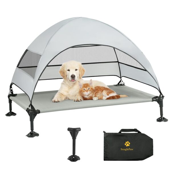 Hundeliege mit Dach,Erhöhtes Hundebett mit Stabile Anti Rutsch Füße,Breiterer Schatten Hundeliege Outdoor,Hundebett Outdoor Wasserfest Hundebett mit Dach Grosse Hunde Camping Indoor & Outdoor