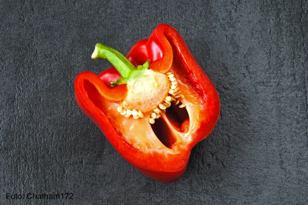 Halbe rote Paprika liegt geschnitten auf einem Schieferhintergrund - 6VYMU4U - Copyright Chatham172 Halbe rote Paprika liegt geschnitten auf einem Schieferhintergrund - 6VYMU4U - Copyright Chatham172